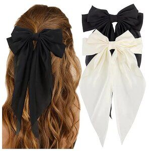 Silky Satin Oversized Hair Bows and Ribbons - 2Pcs Beige & Black